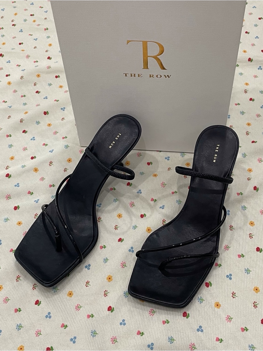 The Row Black Leather Square-Toe Strappy Slide Heels